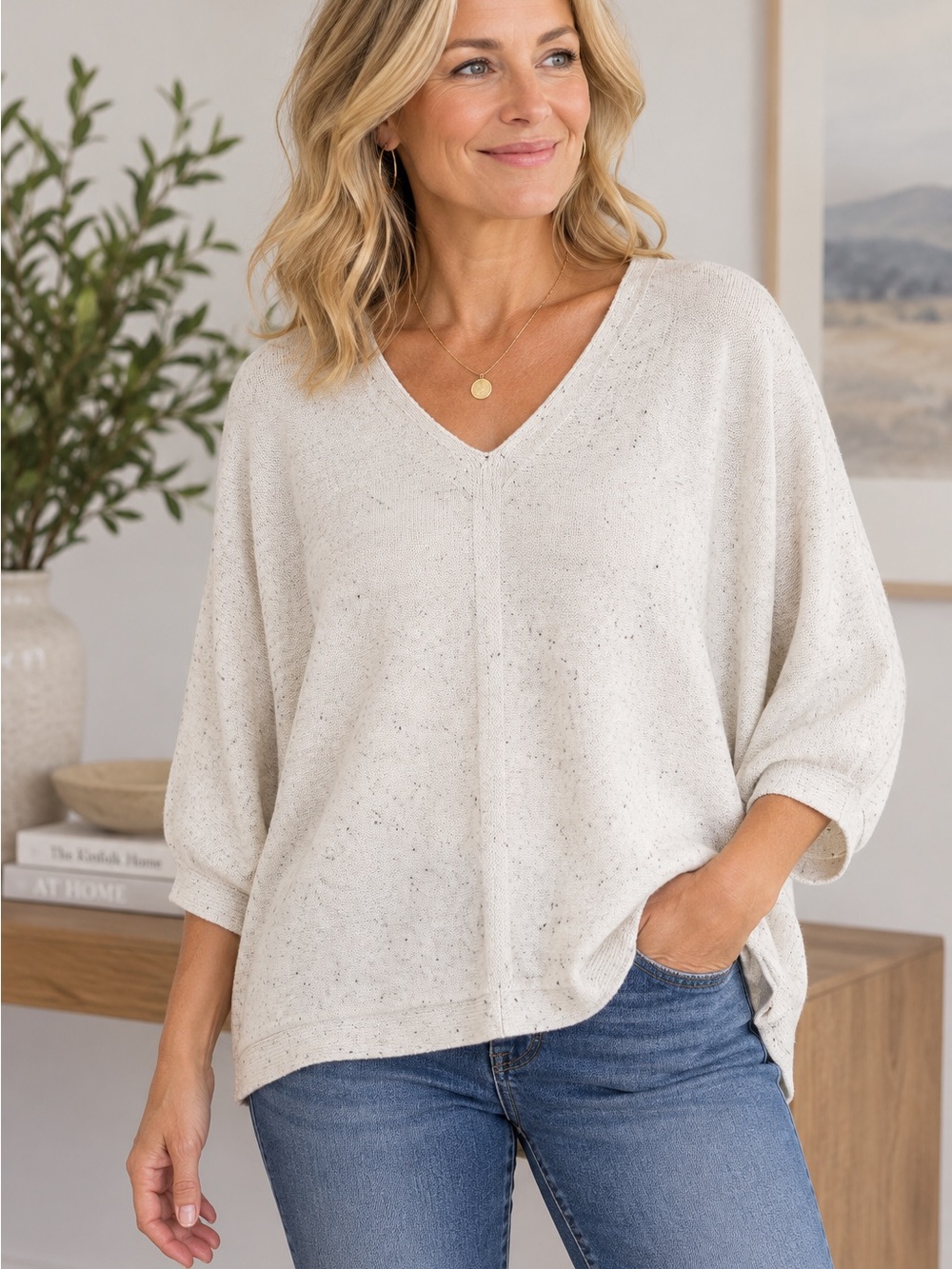 J.Jill Cream Speckled V Neck Dolman Sleeve Sweater Relaxed Fit